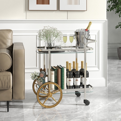 Gymax 2-Tier Serving Cart w/ Tempered Glass Shelves 2 Large Aluminum Front Wheels