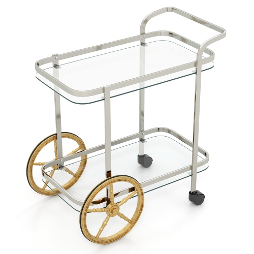 Gymax 2-Tier Serving Cart w/ Tempered Glass Shelves 2 Large Aluminum Front Wheels
