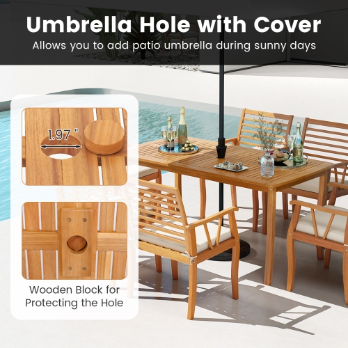 Gymax 63'' Outdoor Dining Table w/ Umbrella Hole Slatted Tabletop for Backyard