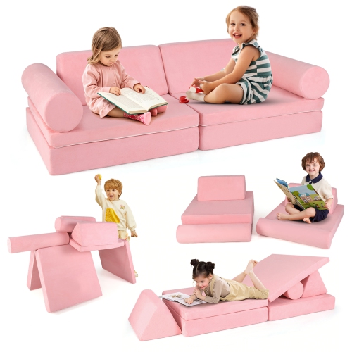Gymax 8 Pcs Kids Play Couch Convertible Sectional Floor Sofa w/Removable Suede Cover