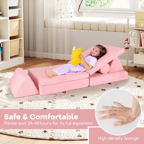 Gymax 8 Pcs Kids Play Couch Convertible Sectional Floor Sofa w/Removable Suede Cover