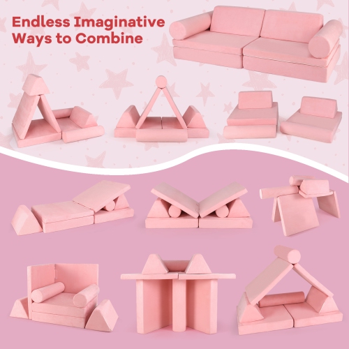 Gymax 8 Pcs Kids Play Couch Convertible Sectional Floor Sofa w/Removable Suede Cover