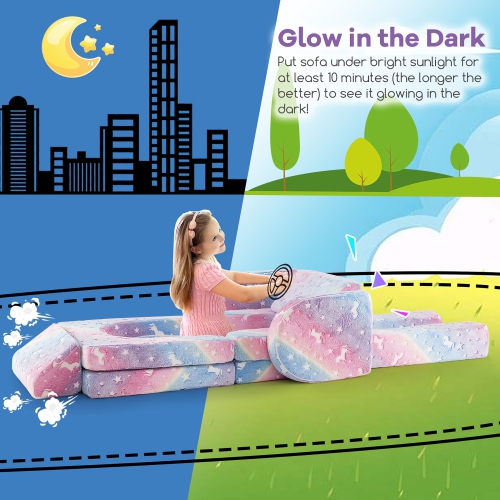 Gymax 10 Pcs Modular Kids Play Couch Sectional Sofa Glow in the Dark Floor Cushion