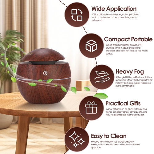 Portable Round Wood Grain Humidifier, Silent USB Charging Air Aromatherapy Machine, 200ml Mini Humidifier Suitable for Bedroom and Office