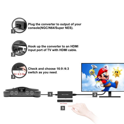 Adaptateur convertisseur N64 à HDMI, prise en charge de la conversion 16:9/4:3, câble HDMI adapté pour N64/SNES/NGC/SFC