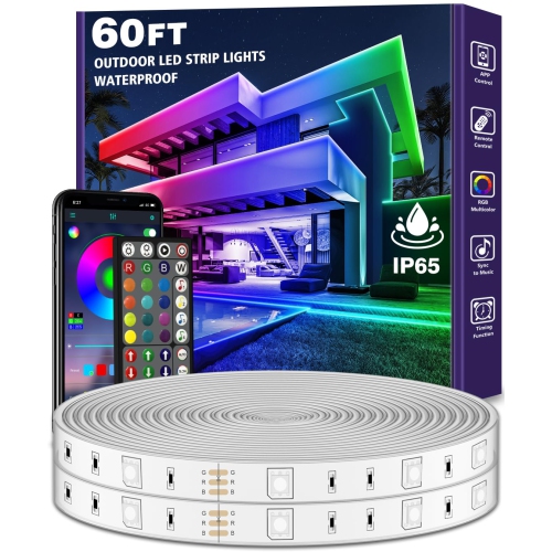 60ft Outdoor Waterproof LED Light Strip with Remote Control, Mobile APP Control, Music Sync RGB Light Strip for Balcony, Deck, Roof, and Garden