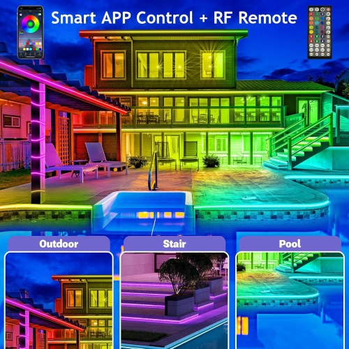 60ft Outdoor Waterproof LED Light Strip with Remote Control, Mobile APP Control, Music Sync RGB Light Strip for Balcony, Deck, Roof, and Garden