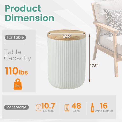 U-HOMY 17.5"H Outdoor Side Table with Storage, Round Accent Table for Indoor and Outdoor Use, Rustic Side Table with Storage - Solid - White