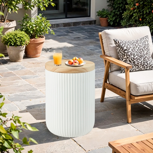 U-HOMY 17.5"H Outdoor Side Table with Storage, Round Accent Table for Indoor and Outdoor Use, Rustic Side Table with Storage - Solid - White