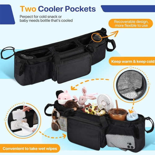 Double Stroller Storage Bag with Two Pockets, Stroller Accessory for New Parents