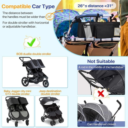 Double Stroller Storage Bag with Two Pockets, Stroller Accessory for New Parents