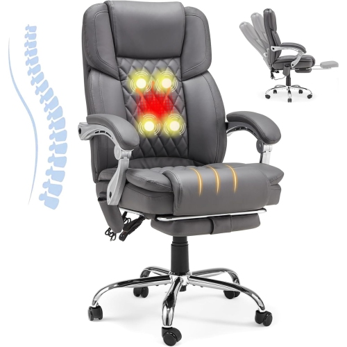 U-HOMY Ergonomic Heated Massage Office Chair with Lumbar Support, Reclining Backrest, 4-Point Massage - Grey