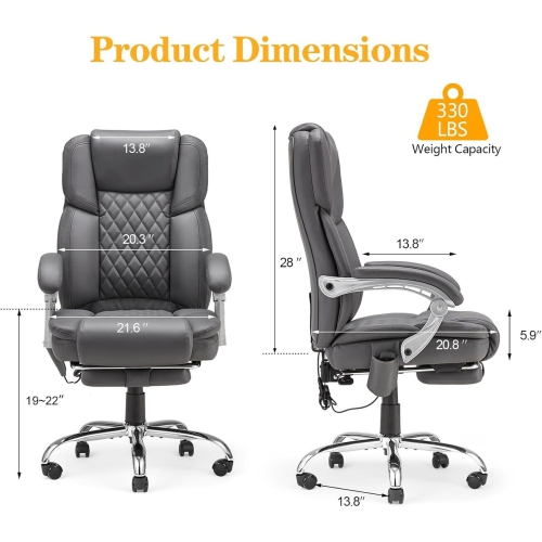 U-HOMY Ergonomic Heated Massage Office Chair with Lumbar Support, Reclining Backrest, 4-Point Massage - Grey
