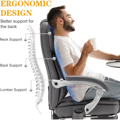 U-HOMY Ergonomic Heated Massage Office Chair with Lumbar Support, Reclining Backrest, 4-Point Massage - Grey