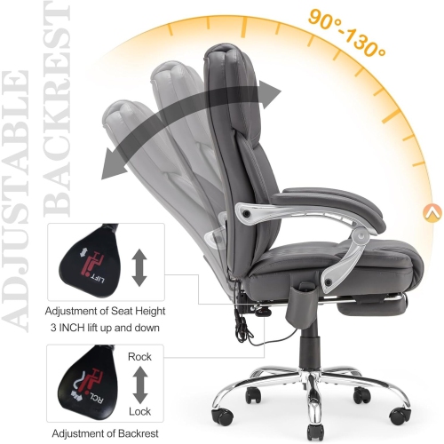 U-HOMY Ergonomic Heated Massage Office Chair with Lumbar Support, Reclining Backrest, 4-Point Massage - Grey