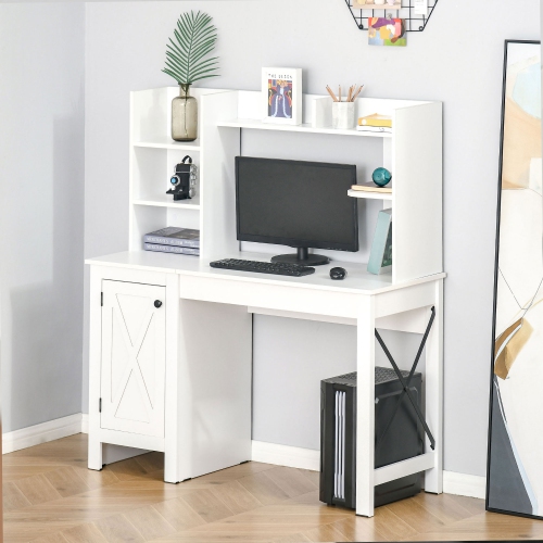 HOMCOM Computer Desk with Storage, 47 Inch Farmhouse Home Office Desk with Open Shelves and 2-Tier Cabinet, Study Table for Small Spaces, White