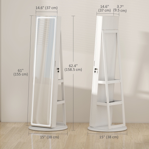 HOMCOM Jewelry Cabinet with Full Length Mirror, 3-Colour LED Lighted Standing Jewelry Armoire Organizer with Lockable Mirror, White
