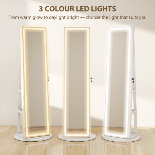 HOMCOM Jewelry Cabinet with Full Length Mirror, 3-Colour LED Lighted Standing Jewelry Armoire Organizer with Lockable Mirror, White