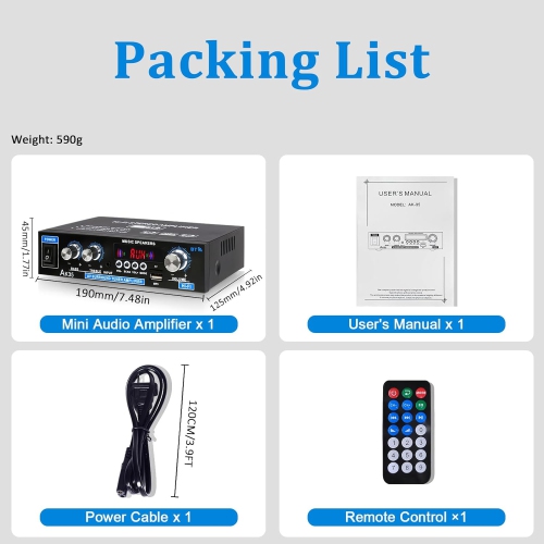 200W Stereo Audio Amplifier, Bluetooth 5.0, 2.0 Channel Mini Amplifier, Stereo Receiver with Bass and Treble Control, Home Amplifier with AUX, USB,