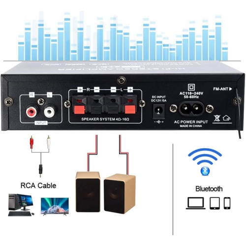 200W Stereo Audio Amplifier, Bluetooth 5.0, 2.0 Channel Mini Amplifier, Stereo Receiver with Bass and Treble Control, Home Amplifier with AUX, USB,