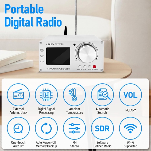 Radio portative, radio DSP pleine bande avec puce TEF6686, AM, FM, SW, MW, LW, fonctions RDS/Wi-Fi/écran TFT - Ultra sensible avec antenne externe
