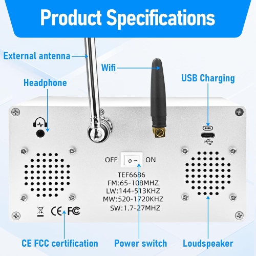 Radio portative, radio DSP pleine bande avec puce TEF6686, AM, FM, SW, MW, LW, fonctions RDS/Wi-Fi/écran TFT - Ultra sensible avec antenne externe
