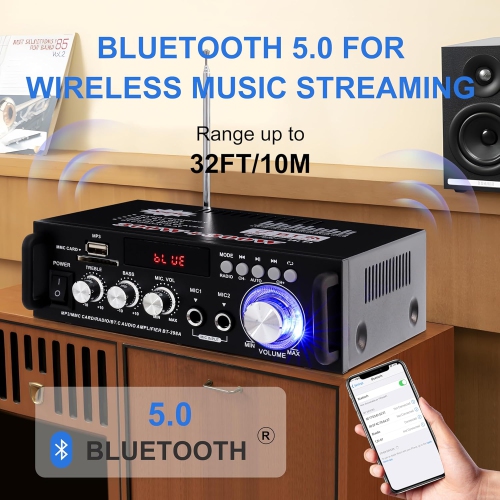 Bluetooth 4.0 HiFi Stereo Digital Amplifier with FM Radio, Subwoofer, Audio Amplifier, Treble and Bass Control for Car and Home Speakers