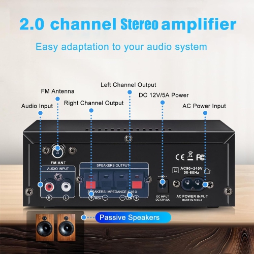 Amplificateur stéréo haute fidélité Bluetooth 5,0, 2,0 canaux, télécommande, radio FM, microphone, USB, fente SD, RCA, bloc d'alimentation 5 A