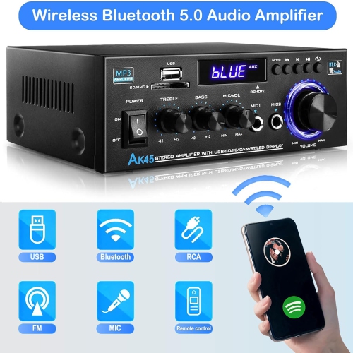 Amplificateur stéréo haute fidélité Bluetooth 5,0, 2,0 canaux, télécommande, radio FM, microphone, USB, fente SD, RCA, bloc d'alimentation 5 A