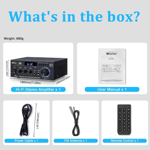 Amplificateur stéréo haute fidélité Bluetooth 5,0, 2,0 canaux, télécommande, radio FM, microphone, USB, fente SD, RCA, bloc d'alimentation 5 A