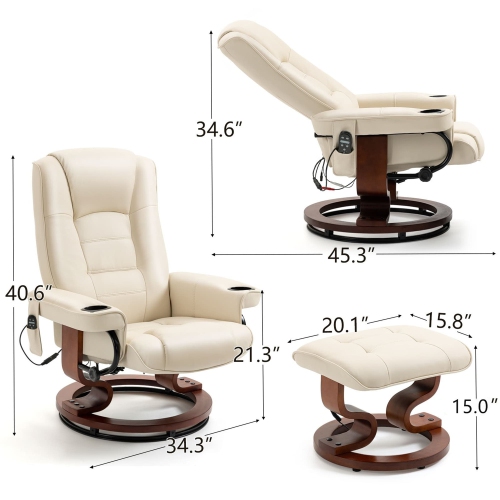 Fauteuil inclinable U-HOMY avec pouf de massage pivotant et vibrant - Beige