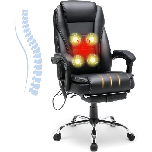 U-HOMY Ergonomic Office Chair with Heat & 4-Point Massage, Adjustable Lumbar Support, Retractable Footrest & PU Leather - Black