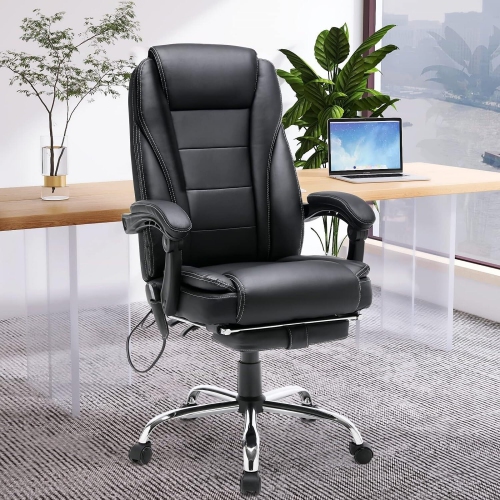 U-HOMY Ergonomic Office Chair with Heat & 4-Point Massage, Adjustable Lumbar Support, Retractable Footrest & PU Leather - Black