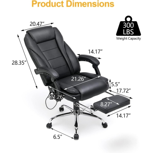U-HOMY Ergonomic Office Chair with Heat & 4-Point Massage, Adjustable Lumbar Support, Retractable Footrest & PU Leather - Black