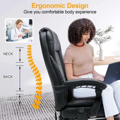 U-HOMY Ergonomic Office Chair with Heat & 4-Point Massage, Adjustable Lumbar Support, Retractable Footrest & PU Leather - Black