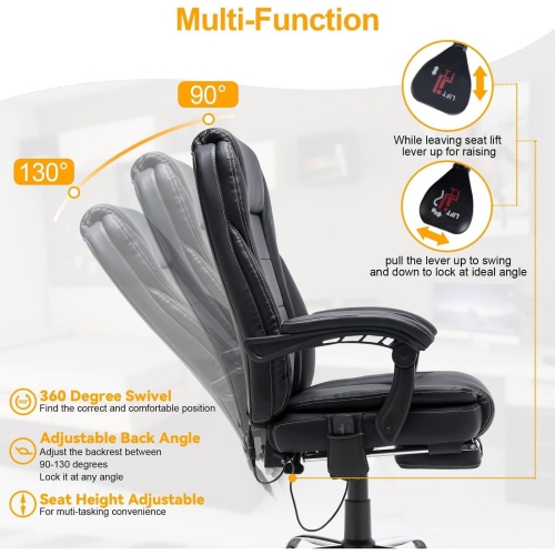 U-HOMY Ergonomic Office Chair with Heat & 4-Point Massage, Adjustable Lumbar Support, Retractable Footrest & PU Leather - Black