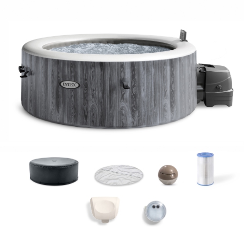 Intex PureSpa Greywood Deluxe Spa Set 140 Bubble Jet Hot Tub with Cover, 77"x28"