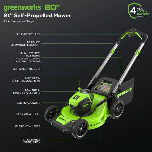 Greenworks 80V 21" Self-Propelled Cordless Lawn Mower, 4.0Ah Battery & Rapid Charger Included