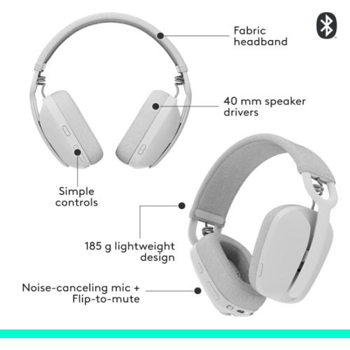 Refurbished - Logitech Zone Vibe 100 Lightweight Wireless Over-Ear Headphones with Noise-Canceling Microphone, Advanced Multipoint Bluetooth Headset