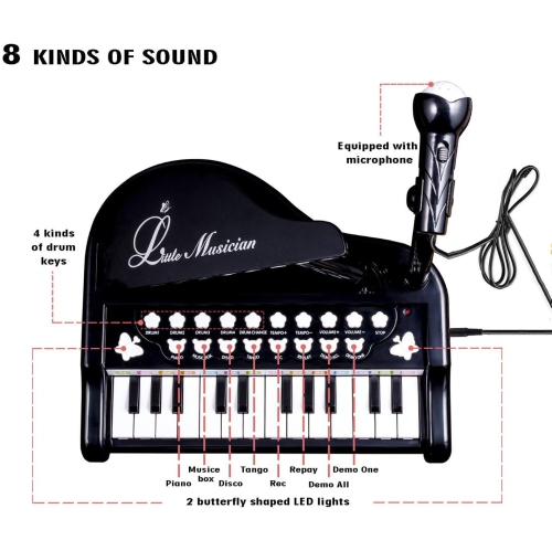 Love&Mini Kids Piano Keyboard Toy 24 Keys Black Electronic Educational Musical Instrument with Microphone
