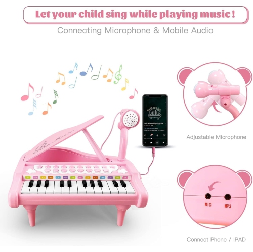 Love&Mini Kids Piano Keyboard Toy 24 Keys Black Electronic Educational Musical Instrument with Microphone