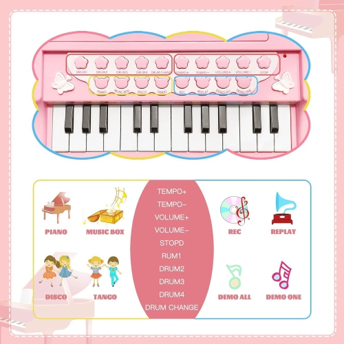 Love&Mini Kids Piano Keyboard Toy 24 Keys Black Electronic Educational Musical Instrument with Microphone