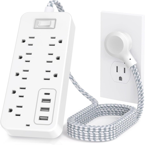 Extension Cord Surge Protector Power Strip - Flat Plug Braided Power Bar with 8 Widely Outlets and 4 USB Ports(1 USB C), Multi Plug Wall Mount Desk