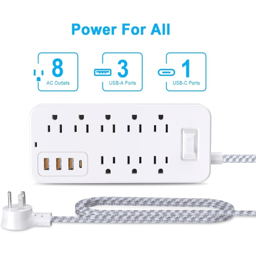 Extension Cord Surge Protector Power Strip - Flat Plug Braided Power Bar with 8 Widely Outlets and 4 USB Ports(1 USB C), Multi Plug Wall Mount Desk