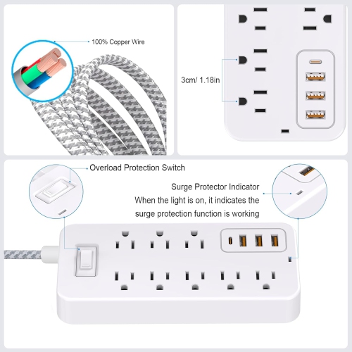 Extension Cord Surge Protector Power Strip - Flat Plug Braided Power Bar with 8 Widely Outlets and 4 USB Ports(1 USB C), Multi Plug Wall Mount Desk
