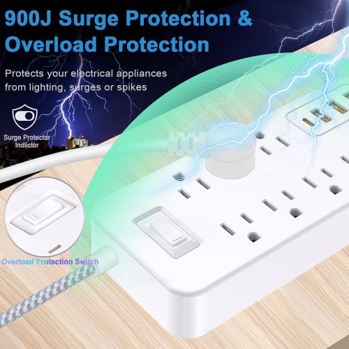 Extension Cord Surge Protector Power Strip - Flat Plug Braided Power Bar with 8 Widely Outlets and 4 USB Ports(1 USB C), Multi Plug Wall Mount Desk