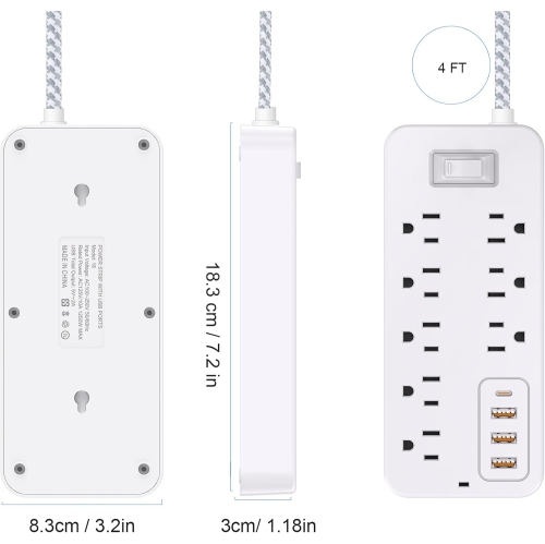 Extension Cord Surge Protector Power Strip - Flat Plug Braided Power Bar with 8 Widely Outlets and 4 USB Ports(1 USB C), Multi Plug Wall Mount Desk