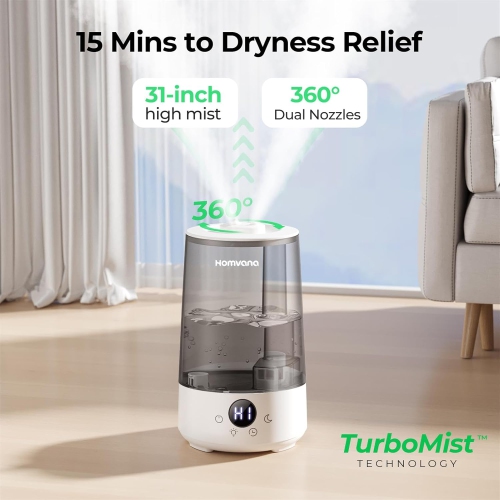 Homvana Humidifier for Bedroom, 3.6L Cool Mist for Large Room, 360° Rotatable 34H Last, Night Light Auto Mode, Quiet 23dB Humidifiers for Baby,