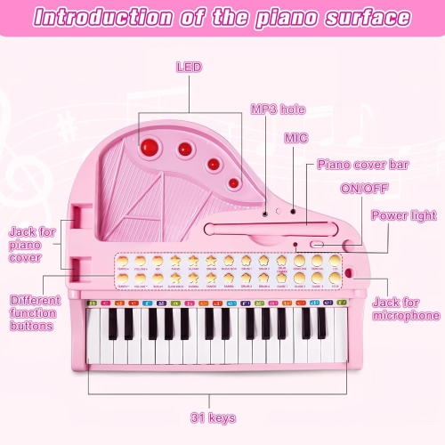 Love&Mini Piano Toy Keyboard 31 Keys for Kids Birthday Gift Pink Music Instruments with Microphone