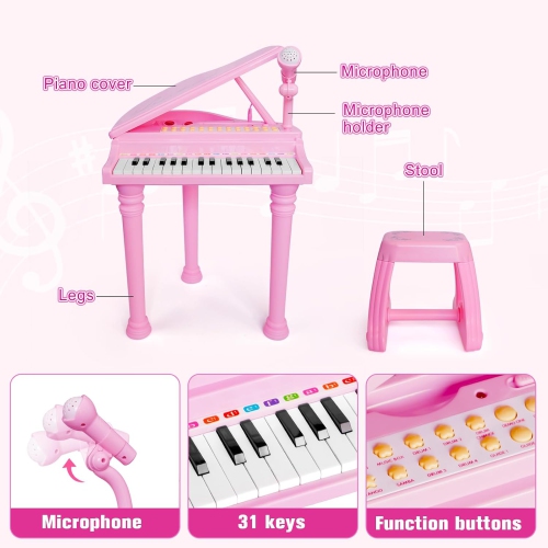 Love&Mini Piano Toy Keyboard 31 Keys for Kids Birthday Gift Pink Music Instruments with Microphone